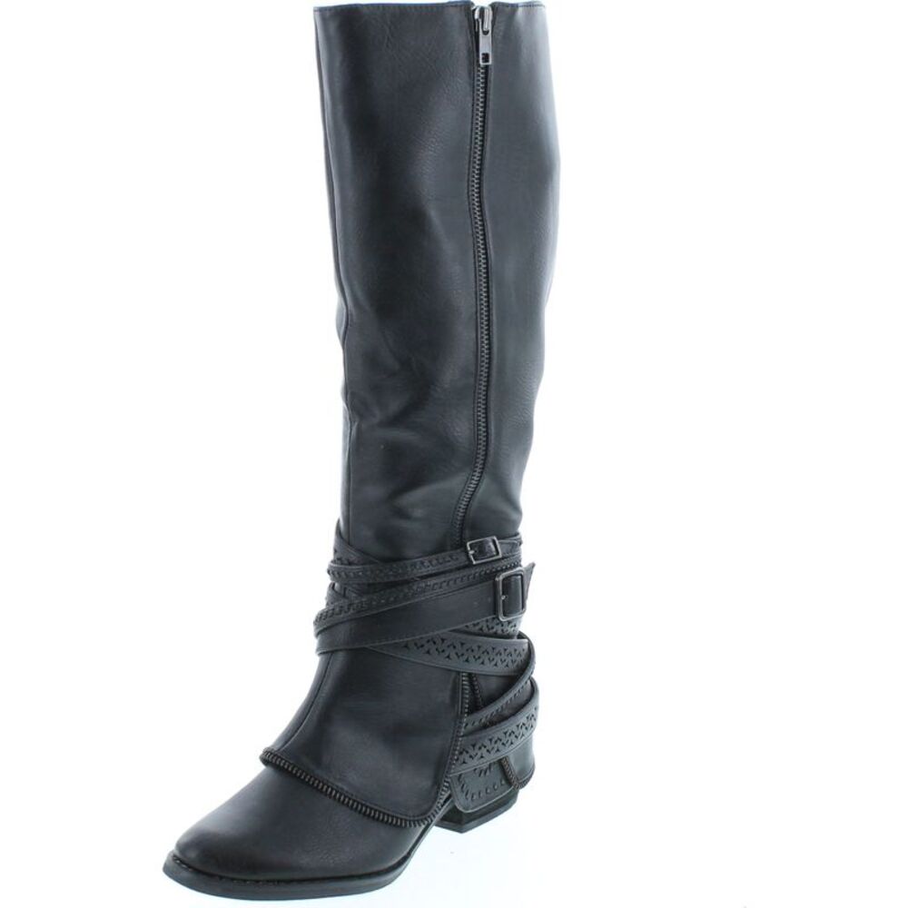 Not Rated Black Knee-High Buckle Strap Zipper Fold Over Boots